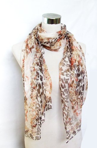 Georgette Gold Woven Brown Animal and Red Floral Print - Silk Long Scarf 22 x 64