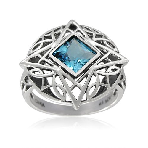Sterling Silver Celtic Square-Shaped Blue Topaz Ring, Size 8