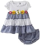 Youngland Baby-girls Infant Short Sleeve Color Block Bee Applique Seersucker Dress With Diaper Cover