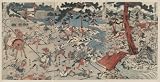 Poster Print of Artwork showing a fight scene from the play Igagoe DoÌchuÌ Sugoroku, with Watanabe Shizuma and Araki Mataemon fighting with Kawai MatagoroÌ and many other men armed with pikes or halbreds at Iga Ueno