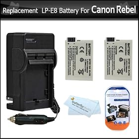 2 Pack Of Replacement Batteries For Canon LP-E8 LPE8 1700MAH Each For The Canon Rebel T4i, EOS 650D, T2i 550D T3i, EOS 600D DSLR 2 Batteries In Total + 1 hour Charger For The Canon Rebel T2i 550D + pack Of LCD Screen Potectors Bundle + Microfiber Cloth