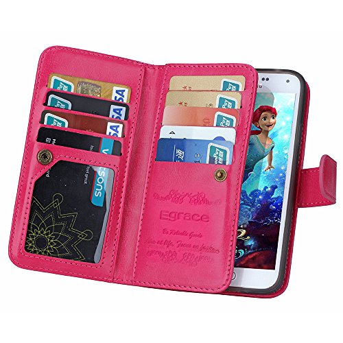 S5 Case, Galaxy S5 Case - Egrace Vintage Classic Wallet Case Hard Shell Skin Case [Stand View] Samsung S5 Premium PU [Wallet Case] Leather Case with Built-in 9 Card Slots Galaxy S5 / Galaxy SV / Galaxy S V (2014) (Hot Pink)