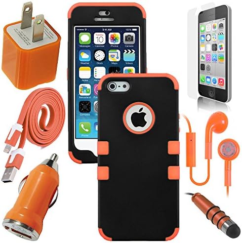 Celkits 7 Item Bundle for Apple iPhone 5 / 5S Orange Triple Protective Hybrid Case Cover, USB Car Charger Plug, USB Home Charger Plug, USB 2.0 Data Cable, Metallic Stylus Pen, Stereo Headset & Screen Protector Kit.