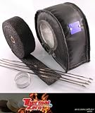Turbo Shield Heat Blanket for T3 or T4 Turbocharger with Black Downpipe Exhaust Wrap and Stainless Ties - Black - Thermal Zero