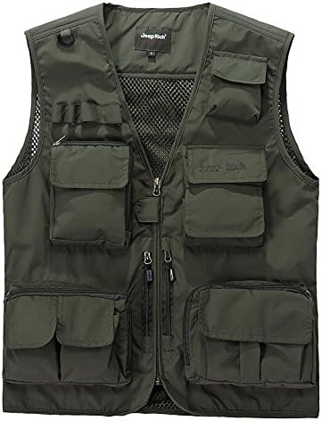 Men's Mesh Breathable Openwork Camouflage Journalist Photographer Fishing Vest Waistcoat Jacket Coat (Army Green, XXXL)