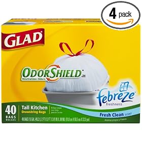 Glad Drawstring Odor Shield Tall Kitchen Bags, 13 Gallon, 40-Count Bags, (Pack of 4)