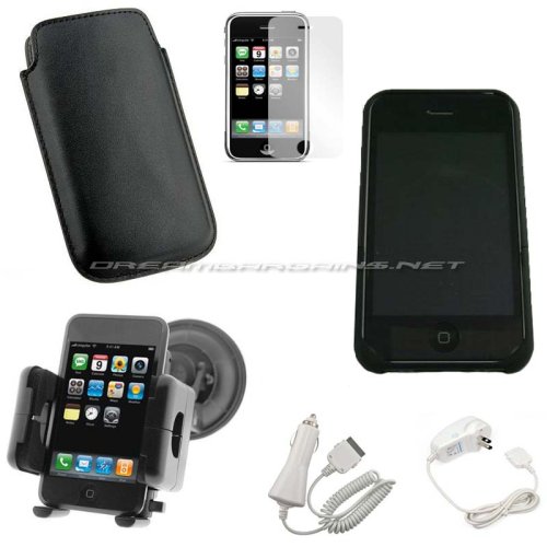 Childrens Toyshop  Third Party New : DreamBargains Premium iPhone 3G Accessory Bundle Kit - Low-profile Rubberized Polycarbonate Borderless Crystal Case - Black + Protective Leather Pocket Pouch - Black + Multi-Adjustable Windshield Mount - Black + Protective Screen Film + Car Charger - White + Travel Charger - White