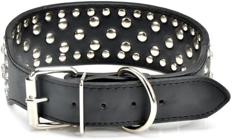 Pet Kingdom 20-24'' Rhinestone Studded Leather Dog Collar 4 Colors Crystal Rhinestone Dog Collar (Black, Medium)