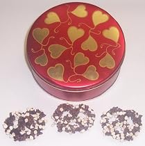 Scott's Cakes 1 lb. Dark Chocolate Covered Pretzel with Chocolate Chips & White Chocolate Chips in a Heart Tin