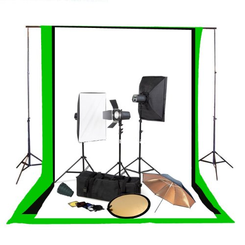 Cowboystudio PHOTOGRAPHIC STUDIO LIGHTING COMPLETE 3 LIGHT, 480WS STROBE FLASH STUDIO LIGHTING KIT with Backdrop Support System,  Black, White, and Green Muslin sBackdrops with Carrying Case