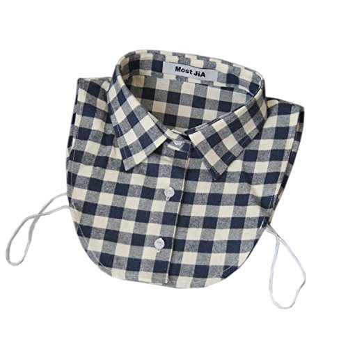 Joyci New Classic Decor Plaids Dickey Blouse Faux Collar Removable (Grid B Blue White)