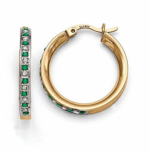 Sterling Silver & Gold-plated Diamond & Emerald Round Hoop Earrings