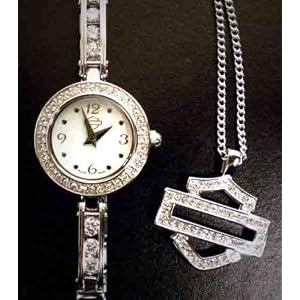 Harley-Davidson® Bulova Women's Watch and Pendant. White pearlized dial. WR50m/165ft. 76X100