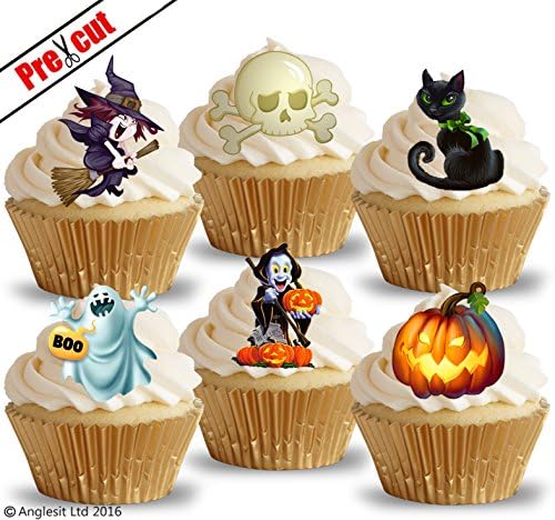 PRE-CUT HALLOWEEN MIX II. WITCH GHOST PUMPKIN SKULL CAT EDIBLE RICE / WAFER PAPER IMAGE CUPCAKE CAKE TOPPERS HALLOWEEN PARTY DECORATIONS