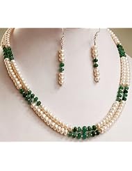 2 Strands Elegant Natural Fresh Water Pearl & Emerald Beaded Necklace with Free Earrings
