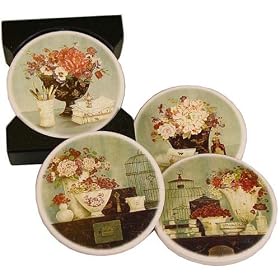 Floral Vases Still Life Absorbent Stone Ceramic Coasters in Wood Holder, Wine and Food... by CE