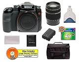 Sony Alpha A100 A100H 10.2MP Digital SLR Camera Kit with 18-200mm f/3.5-6.3 DT Lens + Transcend 4GB 120X CompactFlash Card + USB Card Reader + Spare Replacement Battery for Sony NP-FM55H + Deluxe SLR Gadget Bag
