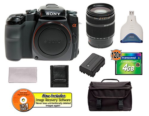 Sony Alpha A100 A100H 10.2MP Digital SLR Camera Kit with 18-200mm f/3.5-6.3 DT Lens + Transcend 4GB 120X CompactFlash Card + USB Card Reader + Spare Replacement Battery for Sony NP-FM55H + Deluxe SLR Gadget Bag