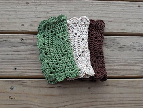 Crochet Dishcloth or Washcloth, Sage Green, Wood Ombre Variegated and Brown 100% Cotton Clothes, Eco-friendly, Set of 3