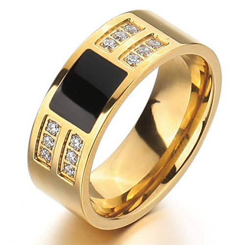 Men's Stainless Steel Enamel Ring Band CZ Gold Tone Black Wedding