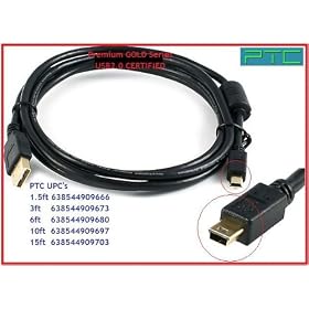 15 ft PTC PREMIUM GOLD Series USB2.0 Certified Type A to Mini 5-pin for Digital Camera / Camcorder, Sony PSP, Cell Phone, BlackBerry, MP3, CD Player, Game console, etc