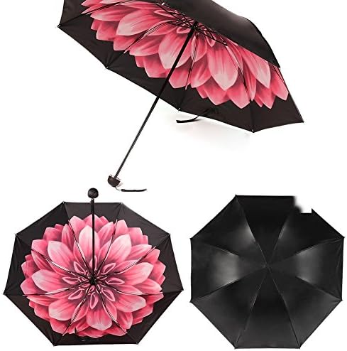 Ultralight Sun Umbrella, UV Protection Small Black Parasol 3 Folding Umbrella Great for Sunny and Rainy Day with Flower Contrast Lining (Pink lotus)