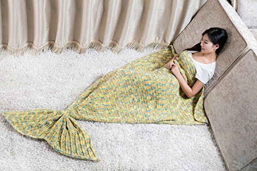 Linchi® Teen Adult Crochet Mermaid Tail Handmade Blanket Summer Snuggle Mermaid Cozy Color Yellow