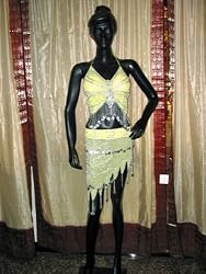 Light Yellow Bra Choli Hip Wrap Scarf Coin Bellydance Costume M