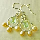 Petal Drop Earrings - Sand and Sea - golden pearl and aqua glass silver earrings