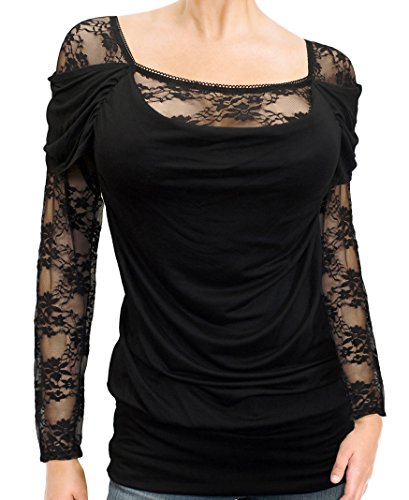 eVogues Floral Lace Sleeve Top Black - Large