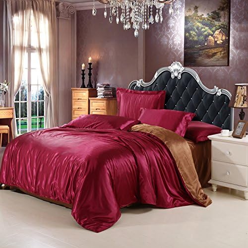 Miaoyun Luxury Soft Silky Satin Bedding Set 3PC (1xDuvet Cover,1xFitted Sheet,1xPillowcase) Twin Size Burgundy/Coffee