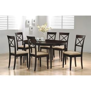 7pc Contemporary Style Cappuccino Finish Solid Wood Dining Table Chairs Set by