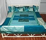 Elegant Designer Blue Premium Matching Patch Work Heavy Embroidery Work Silk Bedspread with Pillow & Cushion Cover
