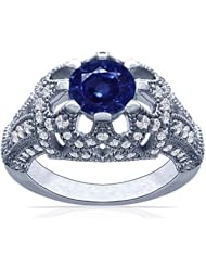 18K White Gold Round Cut Blue Sapphire Ring With Sidestones (GIA Certificate)