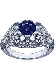 14K White Gold Round Cut Blue Sapphire Ring With Sidestones (GIA Certificate)