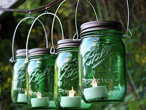 Four Green Glass Mason Jar Lanterns Heritage Collection Candle Holder