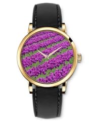 SPRAWL Aanalog Fashion Series Gold Ladies Watches of Genuine Black Leather Strap,Unique Wrist Watch for Women Girls Designed with Field of purple tulips