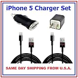 2 x Charging Kit Black iPhone 5 Car & Wall Charger Set - Set Includes (2) 8 pin to USB 2.0 Charging Data Sync Cables with USB Car Charger Adapter and USB Wall Charger Adapter for iPhone 5, iPod Touch 5, iPod Nano 7, iPad 4, and iPad Mini