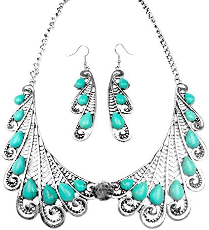 Miao Inspired Silver Necklace &amp; Earring Set - Feathered Wings Collar Necklace &amp; Turquoise Collection