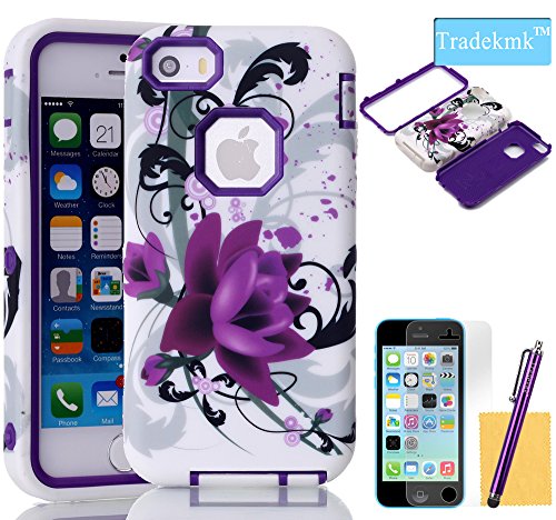 iPhone 5C Case, Tradekmk(TM)Hybrid Three Layers Combo Hard Soft High Impact Hard Back Case Protective Cover Fit For Apple iPhone 5C(Purple),with Stylus Pen,Screen Protector and Cleaning Cloth