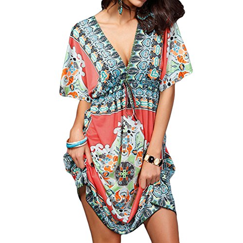 Anself Women Retro Bohemian Dress Paisley Print V-Neck Batwing Sleeve Beach Dress