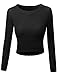 Long Sleeves Round Neck High-Low Knit Crop Top Sweatshirt Black Size L