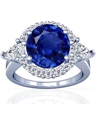 18K White Gold Round Cut Blue Sapphire Ring With Sidestones (GIA Certificate)