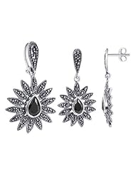 .925 Sterling Silver Pear Shaped Black Onyx Cubic Zirconia and Marcasite Accents Post Back Findings Stud 17mm x 19mm Earrings and 19mm x 22mm Pendant Jewelry Set