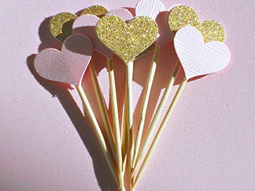Gold Heart Cupcake Toppers - Bridal Shower Cupcake Toppers - Baby Shower Cupcake Toppers - Gold Glitter Pink Cupcake Toppers