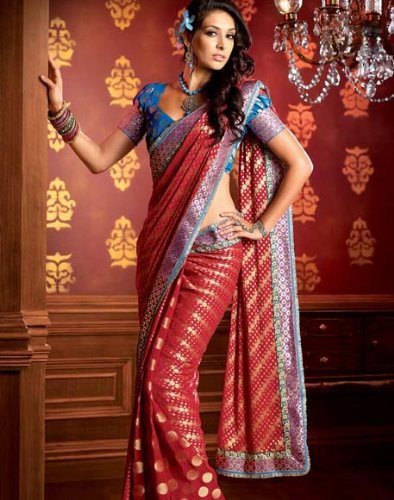 Red Faux Georgette Indian Ethnic Wrap Dress Women's Saree Sari with Unstitched Blouse
