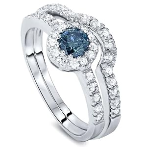 1.00CT Blue & White Diamond Engagement Ring Set 14K White Gold