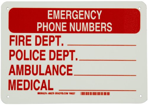 Brady 80279 7" Height, 10" Width, B-347 Plastic, Red On Green Color Glow-In-The-Dark Exit And Directional Sign, Legend "Emergency Phone Numbers Fire Dept Police Dept Ambulance Medical"