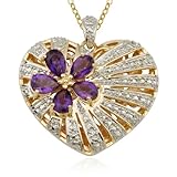 18k Yellow Gold Plated Sterling Silver Amethyst and Diamond Accent Heart and Flower Pendant, 18