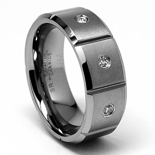 8MM Grooved Tungsten Carbide DIAMOND Ring Wedding Band 3 Stones Size 10